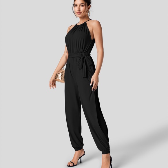 Sleeveless Tie Back Plicated Belted Side Pocket Cool Touch Jumpsuit-UPF50+ - Picture 8 of 8
